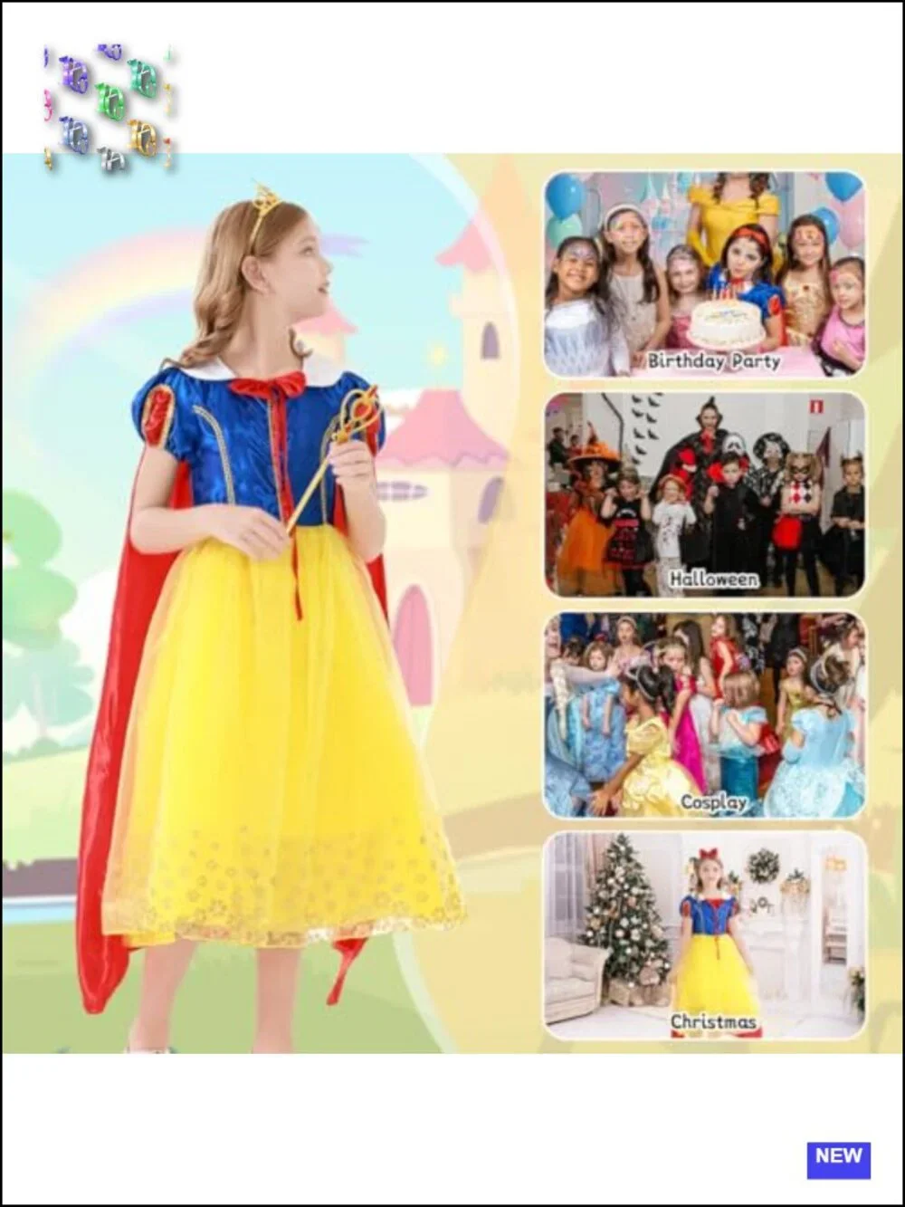 Kids Princess Dress Up Costume with Cape Crown and Wand for Halloween Party